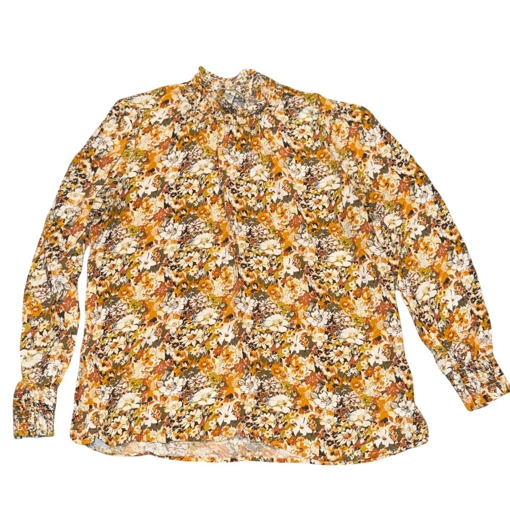 Alexander Jordan Floral Smocked Mock Neck Blouse Orange Yellow Olive Green Med